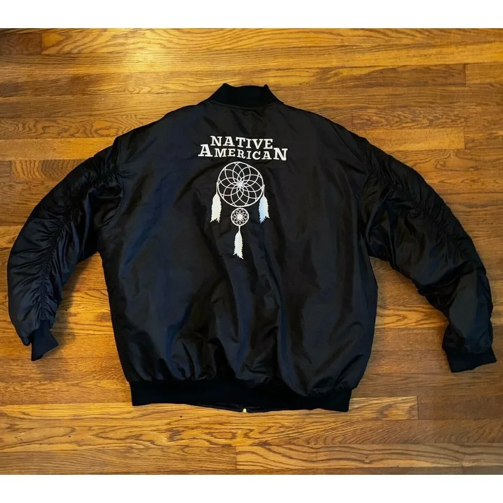 Native American Indian Varsity Bomber Jacket Men's‎ 4XL Black Dreamcatcher Biker